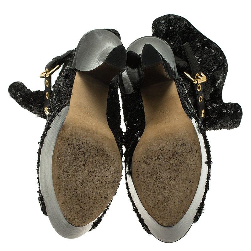Louis Vuitton Black Sequins and Leather Peep Toe Platform Ankle Boots Size 37 3