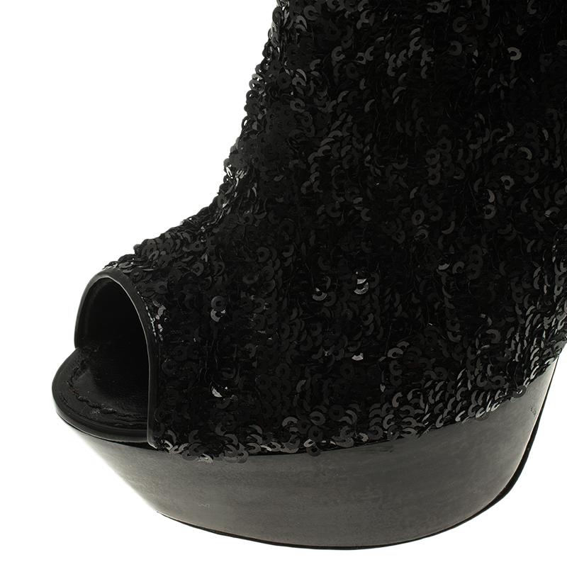 Louis Vuitton Black Sequins and Leather Peep Toe Platform Ankle Boots Size 37 5