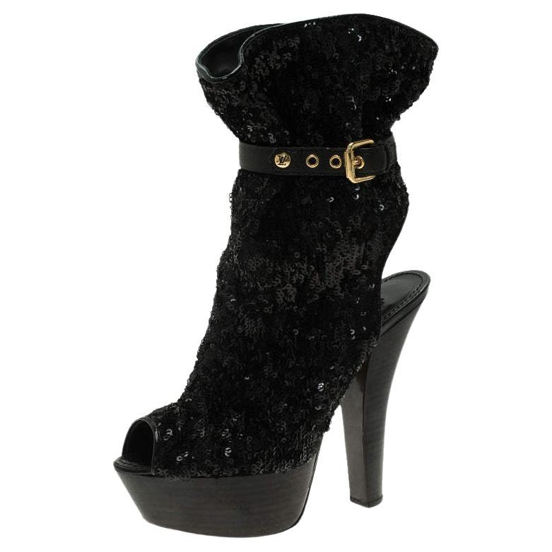 Louis Vuitton Black Sequins and Leather Peep Toe Platform Ankle Boots Size 37 For Sale