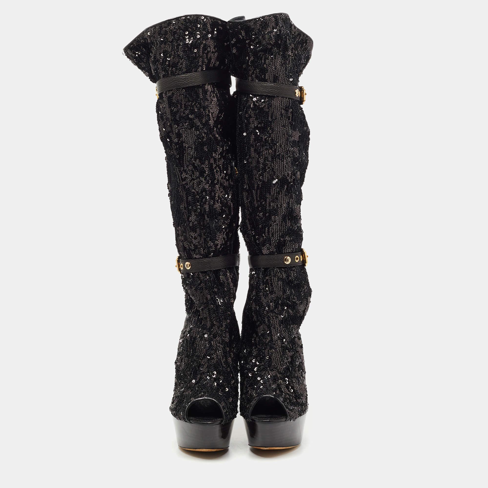 Women's Louis Vuitton Black Sequins Platform Knee Length Boots Size 37.5 For Sale