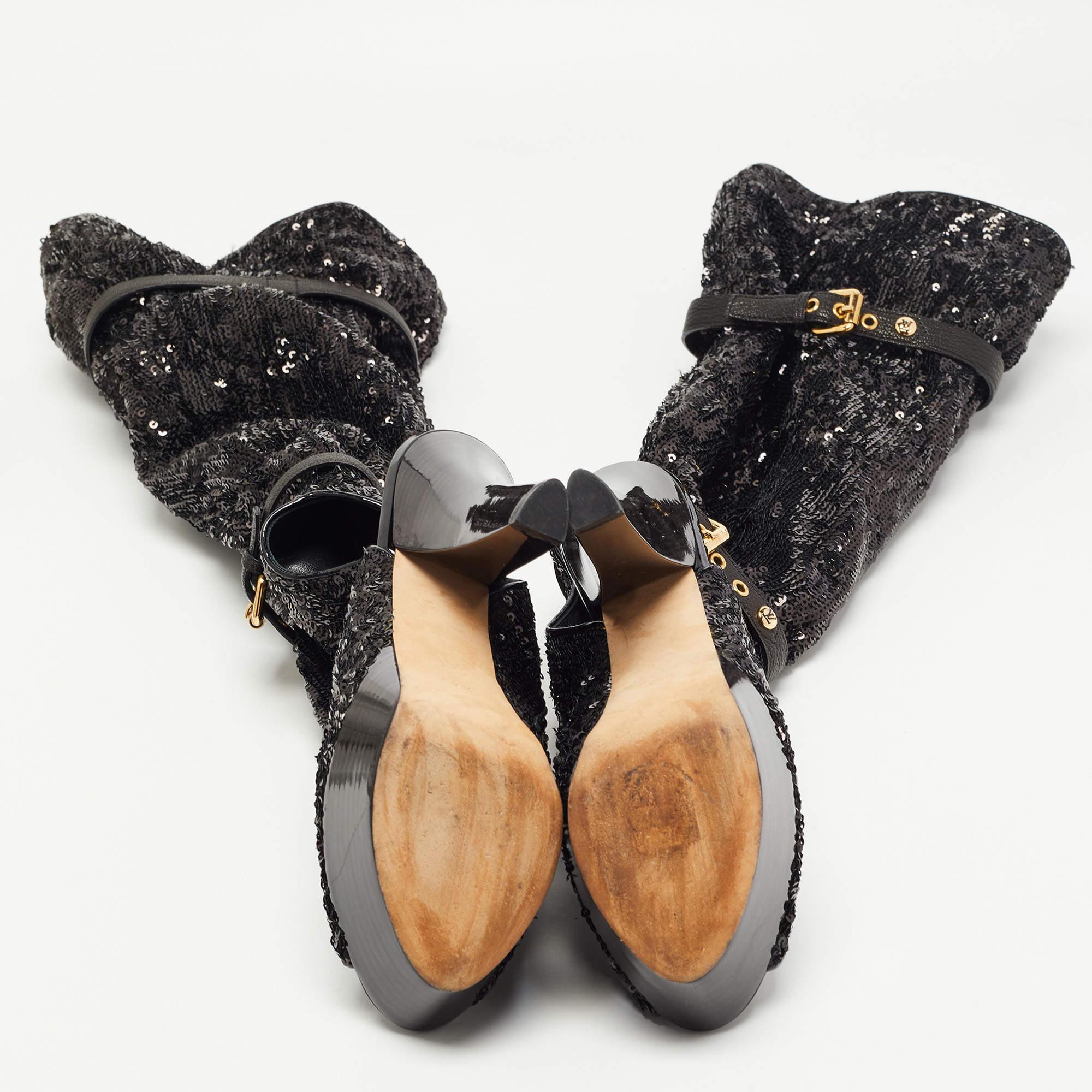 Louis Vuitton Black Sequins Platform Knee Length Boots Size 37.5 For Sale 2