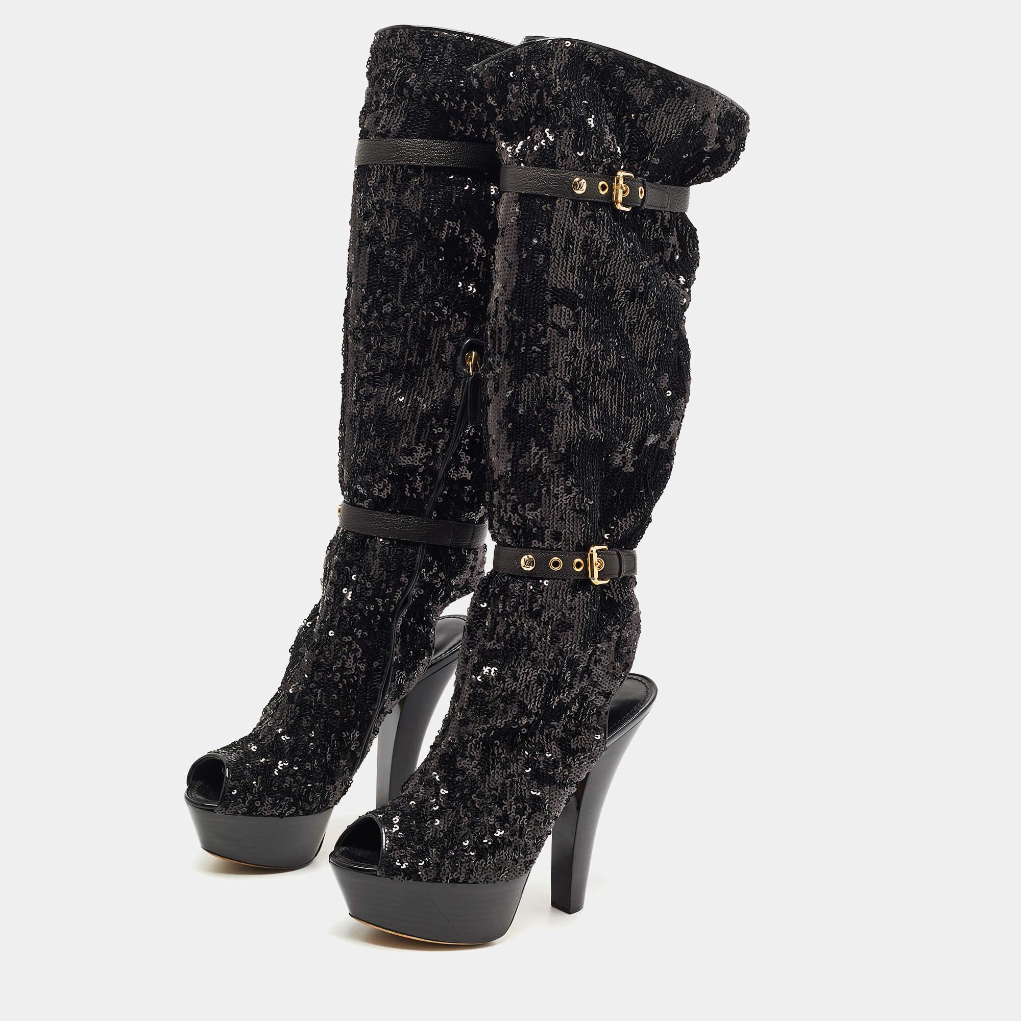 Louis Vuitton Black Sequins Platform Knee Length Boots Size 37.5 For Sale 3