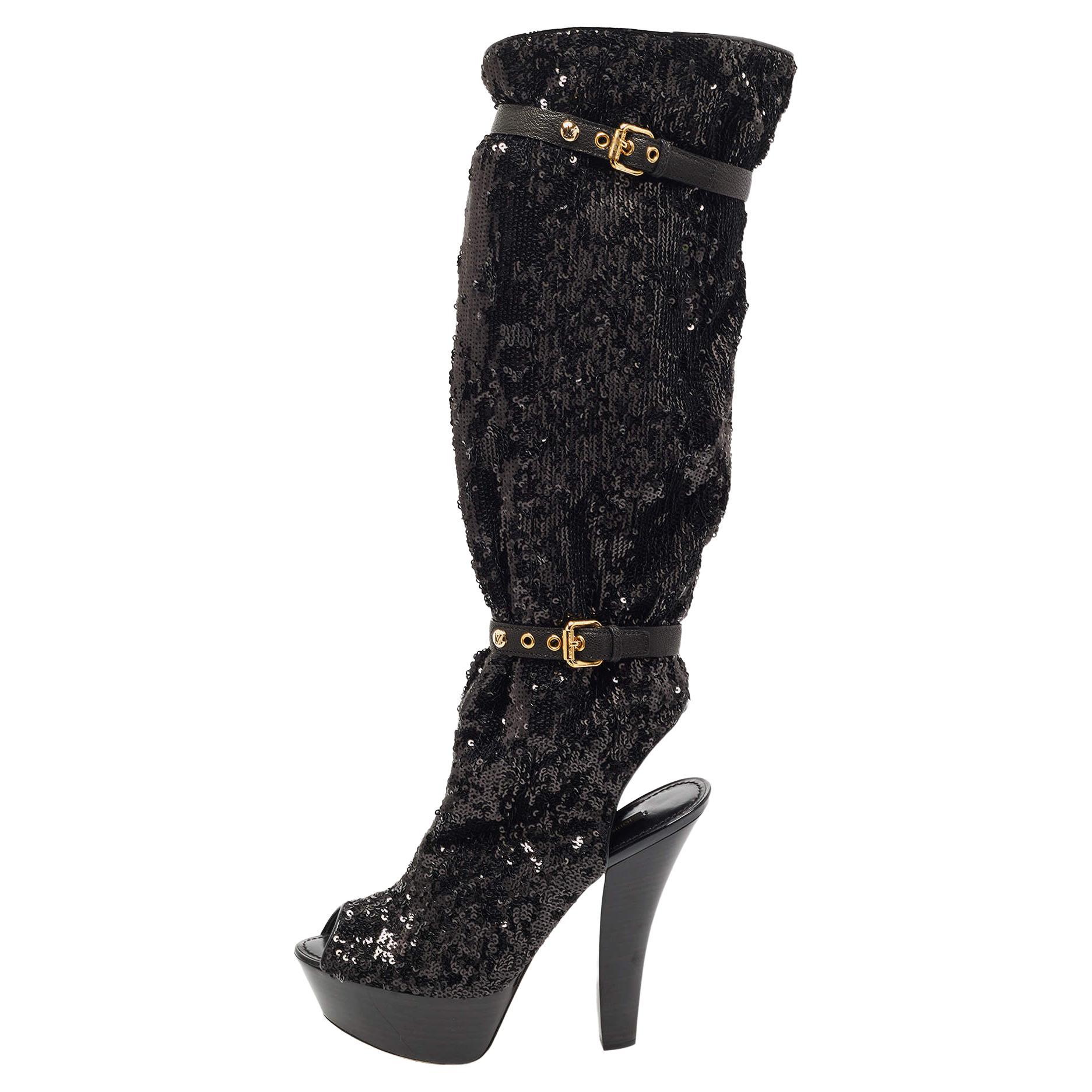 Louis Vuitton Black Sequins Platform Knee Length Boots Size 37.5 For Sale
