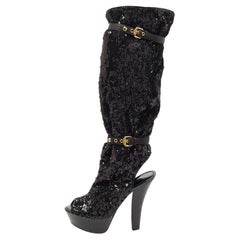 Louis Vuitton Black Sequins Platform Knee Length Boots Size 37.5