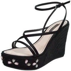 Louis Vuitton Black Silk and Raffia Wedge with Pink Stones - 37