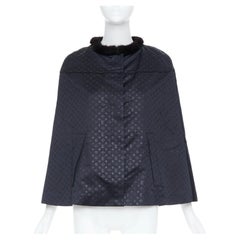LOUIS VUITTON black silk monogram jacquard mink fur collar cloak cape FR34 XS