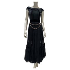 Louis Vuitton Black Silk Pleated Midi Dress with Chain Details Sz 36