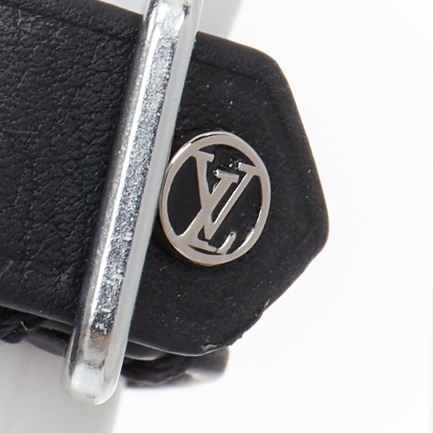 Women's LOUIS VUITTON black soft leather silver LV logo buckle ring For Sale