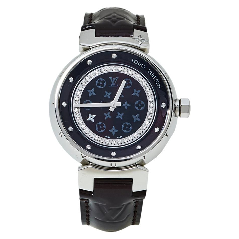 Louis Vuitton Black Stainless Steel Diamond Tambour Women's Wristwatch 34mm