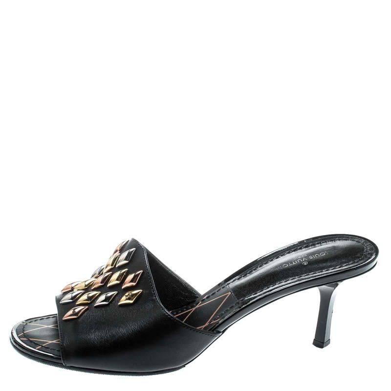 Louis Vuitton Black Studded Leather Slide Sandals Size 36 2