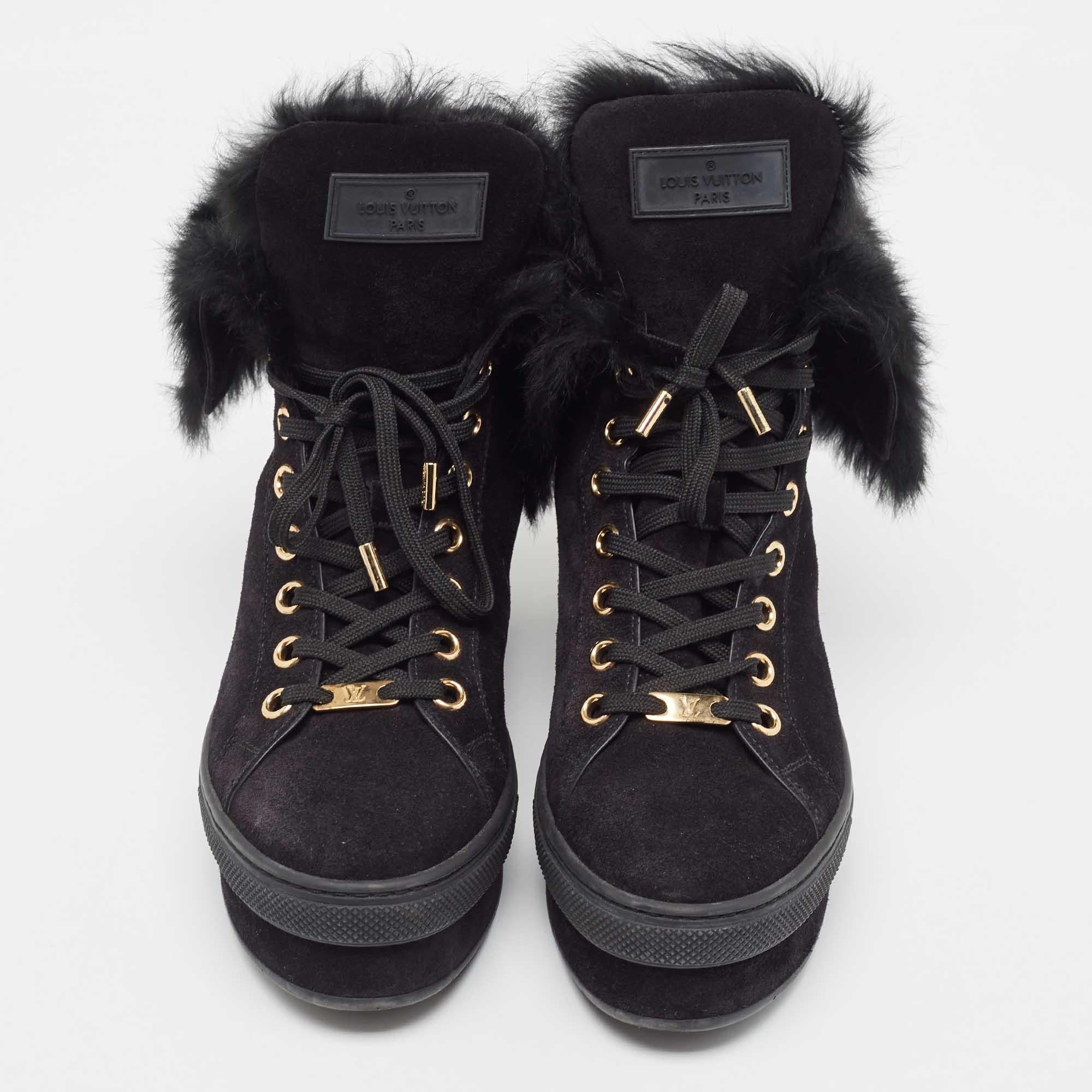 Women's Louis Vuitton Black Suede and Fur Jazzy Sneakers 38 For Sale