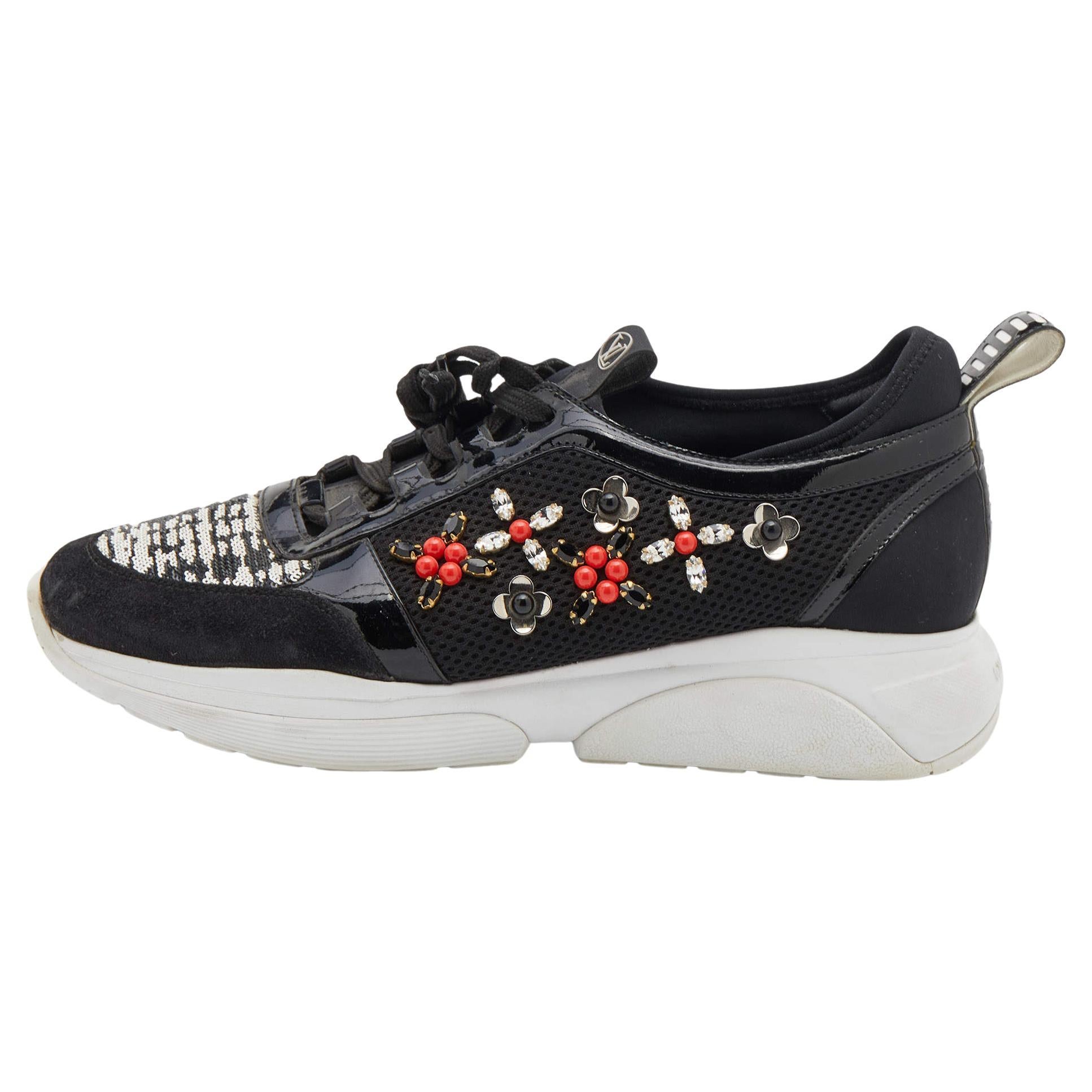 Louis Vuitton Black Suede and Mesh Heat Embellished Sneakers Size 38 For Sale