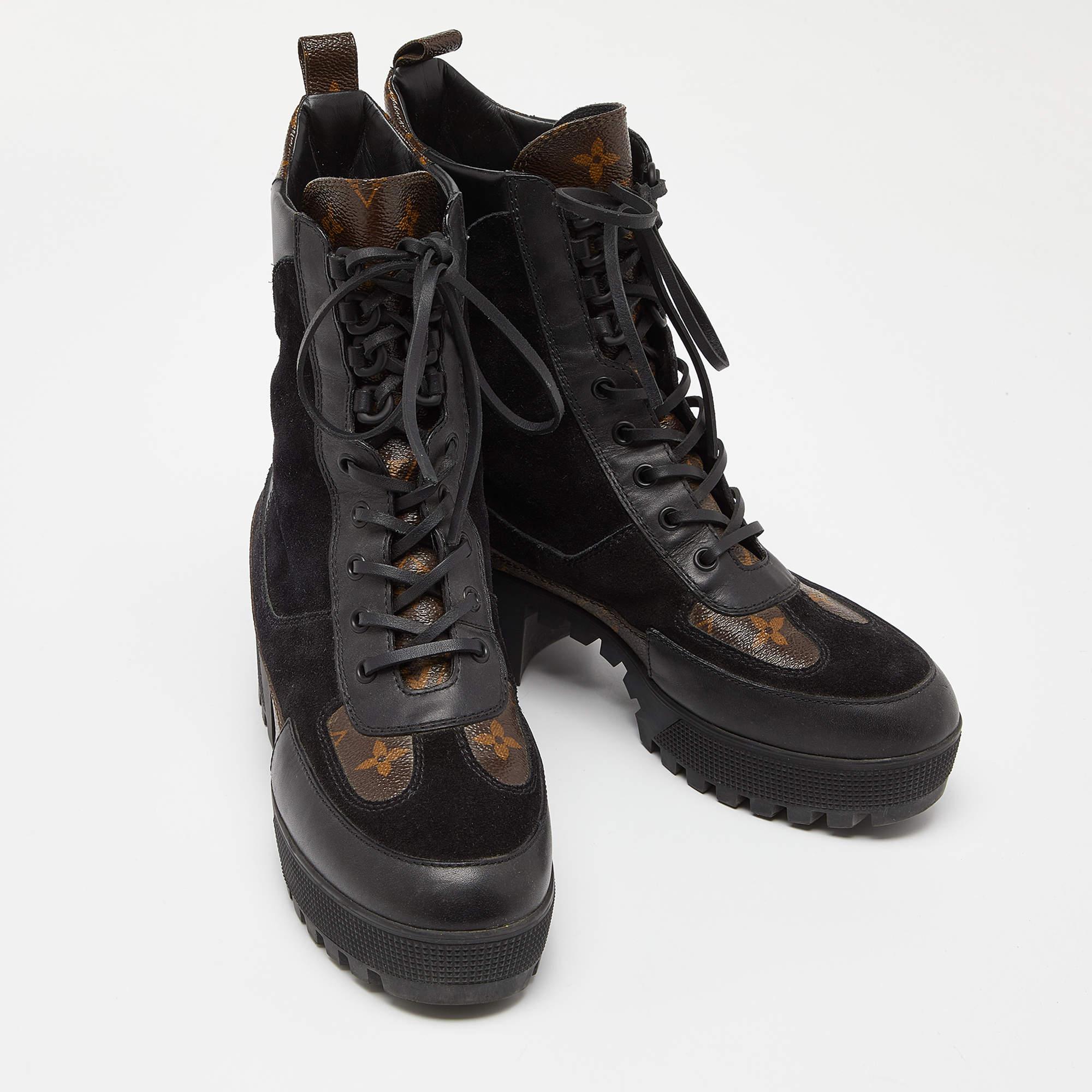 Women's Louis Vuitton Black Suede and Monogram Canvas Laureate Desert Boots Size 39.5