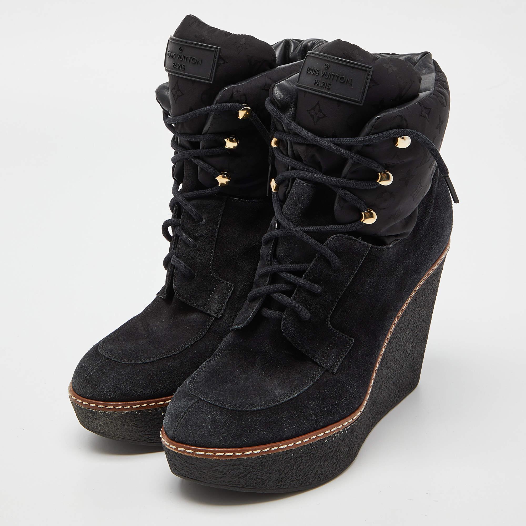 Women's Louis Vuitton Black Suede and Monogram Fabric Wedge Ankle Boots For Sale