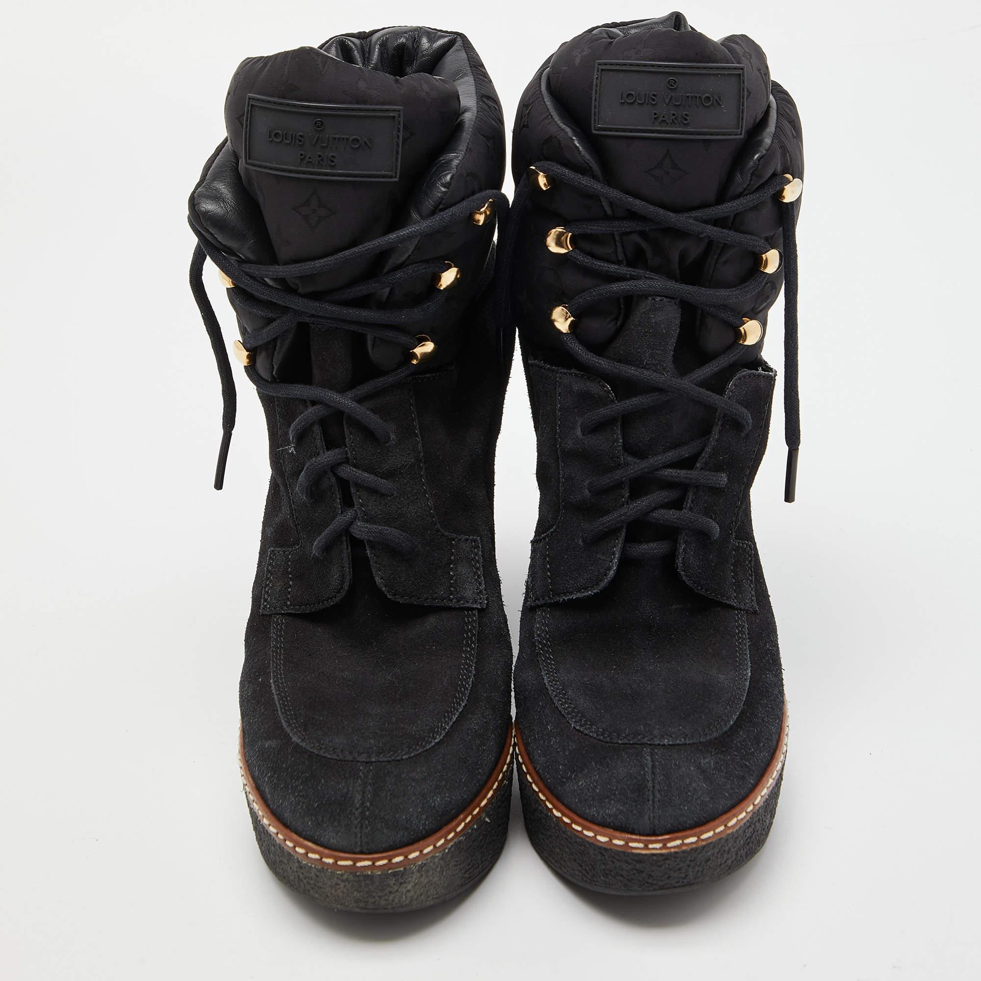 Louis Vuitton Black Suede and Monogram Fabric Wedge Ankle Boots For Sale 1