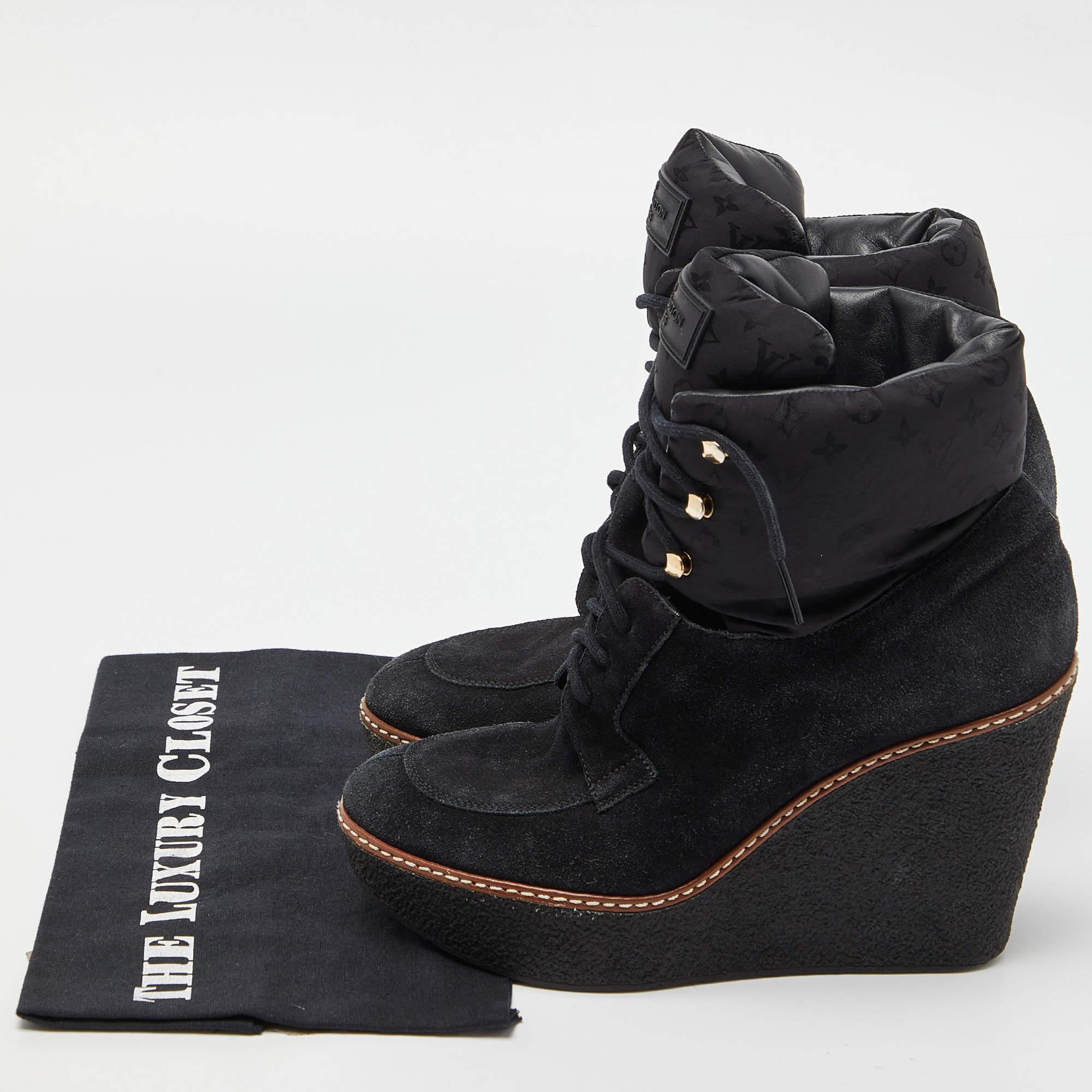 Louis Vuitton Black Suede and Monogram Fabric Wedge Ankle Boots For Sale 5