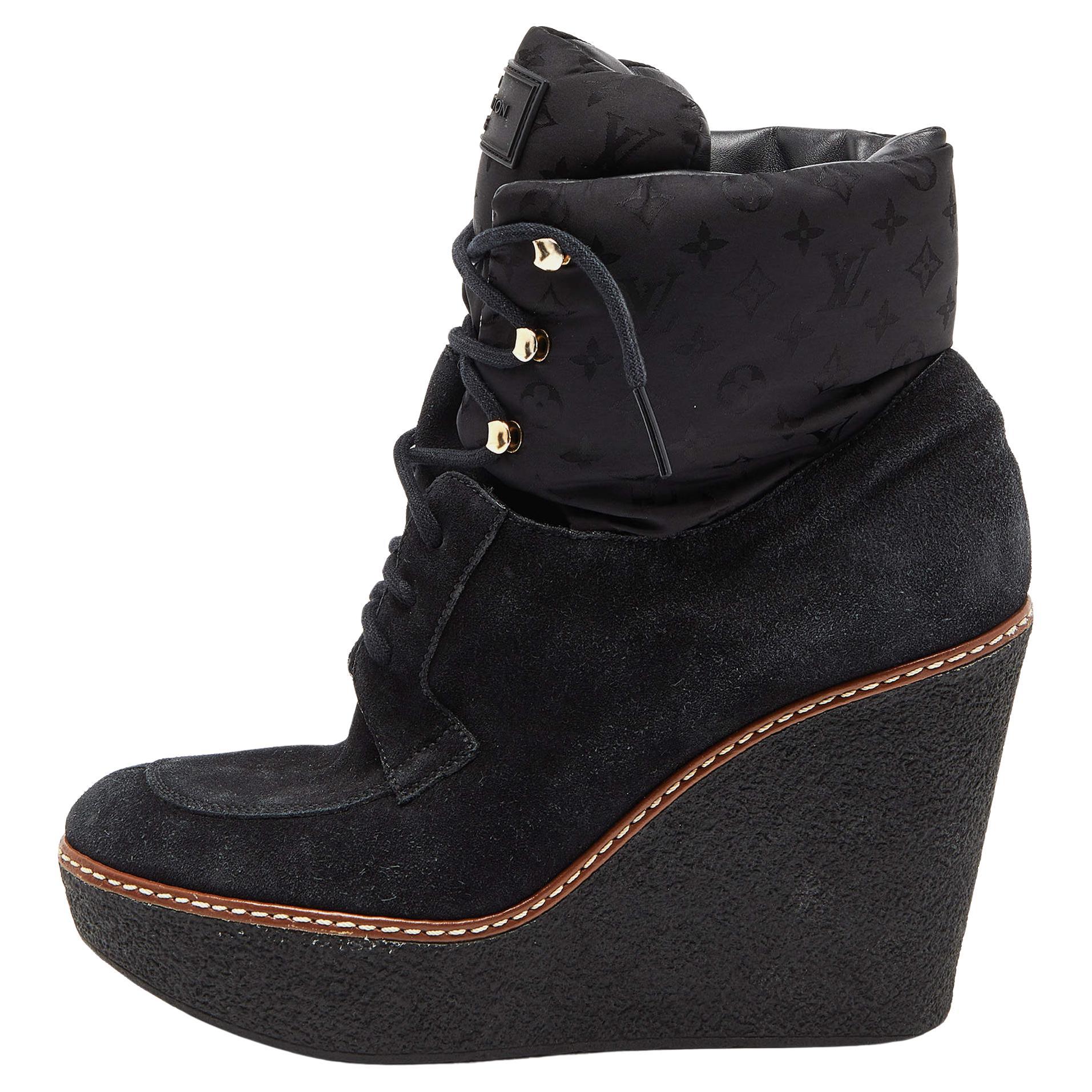 Louis Vuitton Black Suede and Monogram Fabric Wedge Ankle Boots For Sale