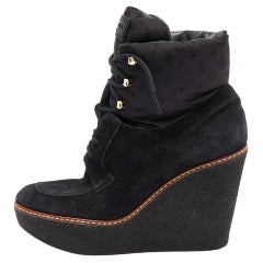 Louis Vuitton Black Suede and Monogram Fabric Wedge Ankle Boots