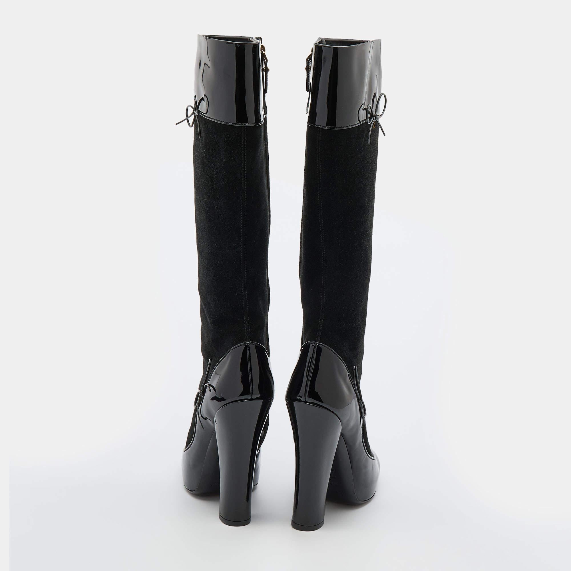 Louis Vuitton Black Suede and Patent Leather Knee Length Boots Size 38.5 In Good Condition In Dubai, Al Qouz 2