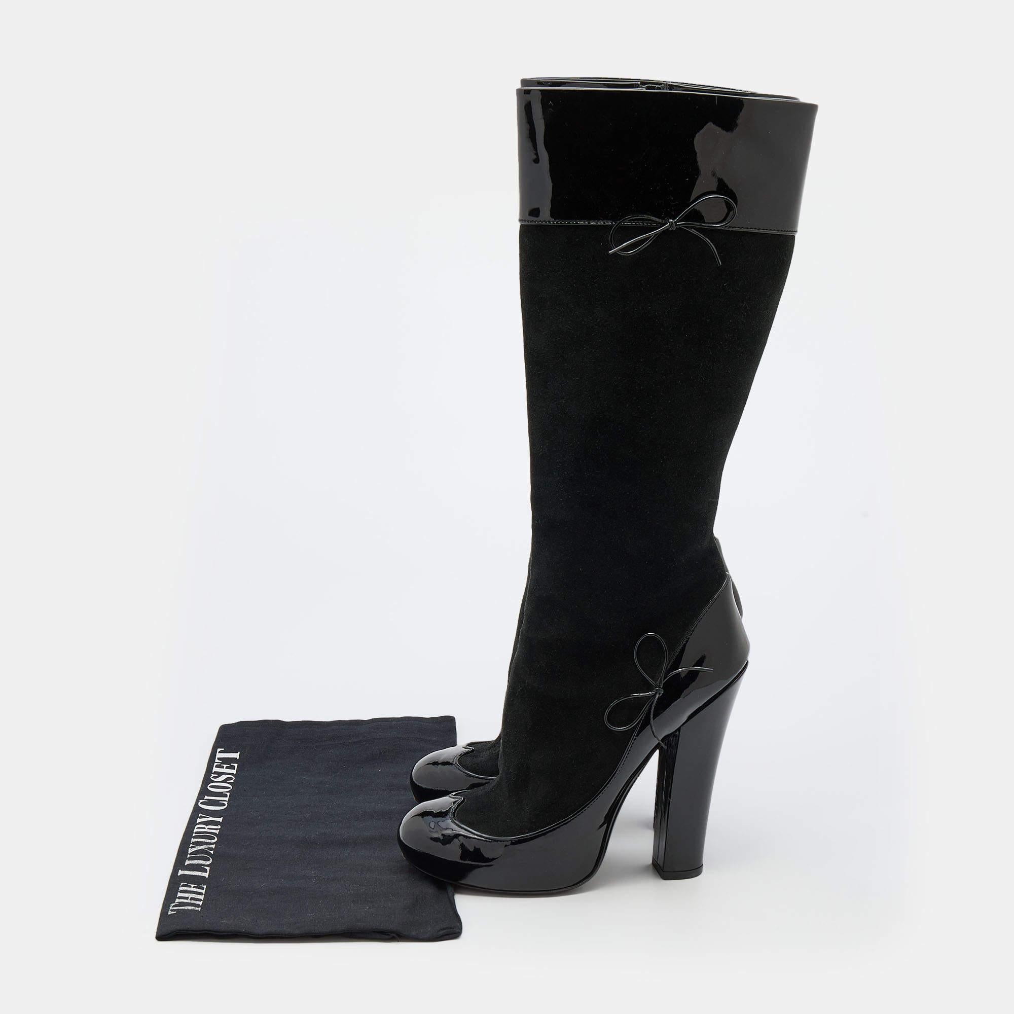 Louis Vuitton Black Suede and Patent Leather Knee Length Boots Size 38.5 2
