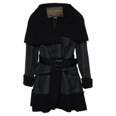 Louis Vuitton Black Suede Belted Shearling Coat L
