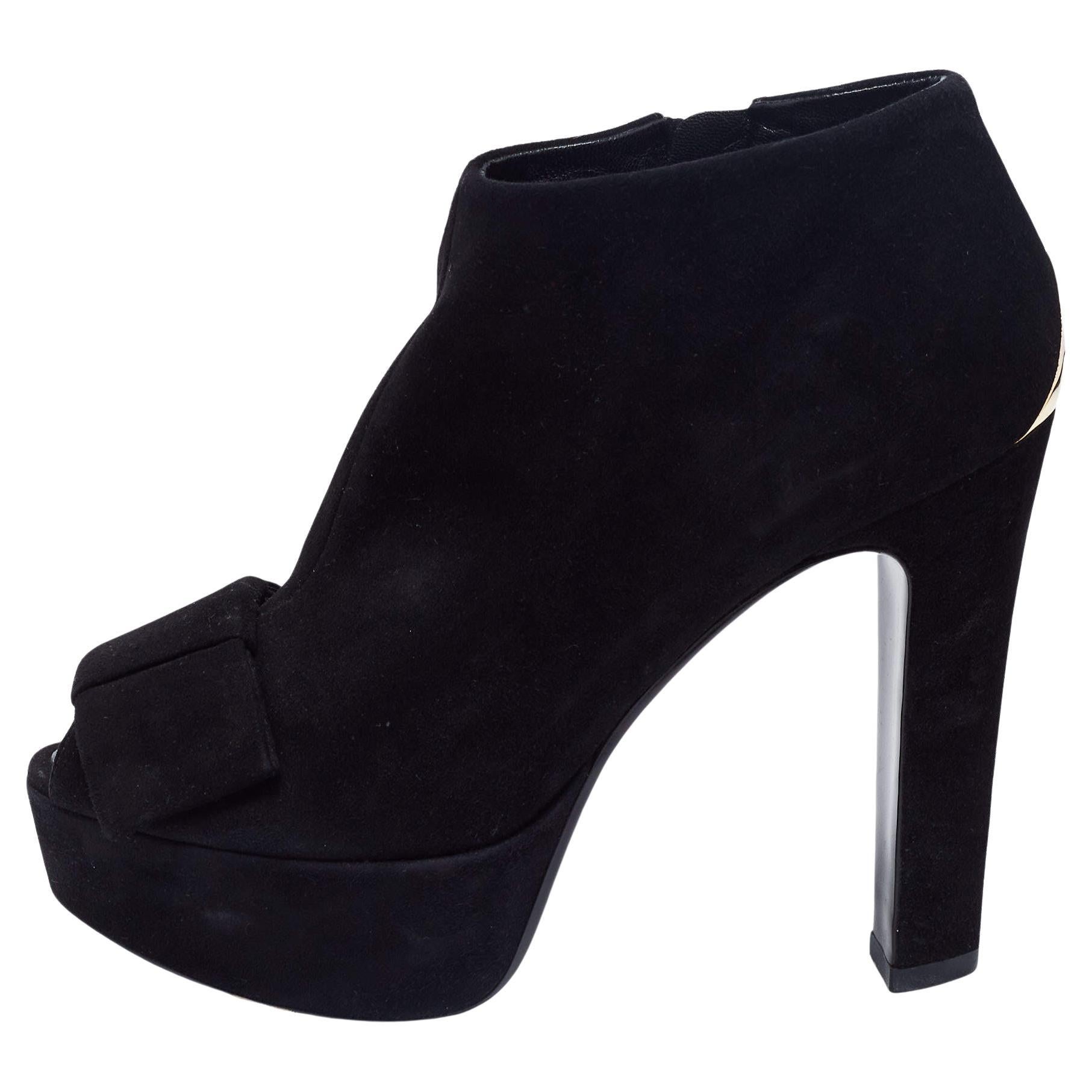 Louis Vuitton Black Suede Bow Peep Toe Ankle Booties Size 36.5 For Sale