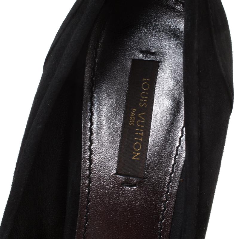 Women's Louis Vuitton Black Suede Butterfly Peep Toe Wedge Pumps Size 38.5 For Sale