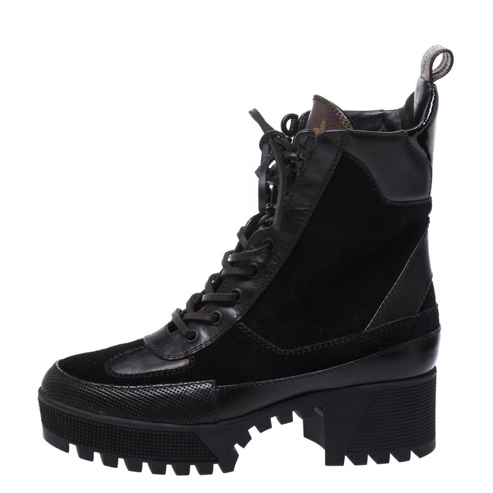 How stylish, modern, and chic do these ankle boots from Louis Vuitton look! They are crafted from black suede and brown monogram coated canvas, and leather featuring round toes, lace-ups on the vamps, comfortable leather-lined insoles, and rubber