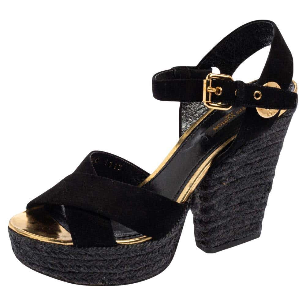 Louis Vuitton Black Suede Criss Cross Ankle Strap Espadrille Sandals ...
