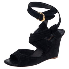 Used Louis Vuitton Black Suede Criss Cross Ankle Wrap Wedge Sandals Size 40