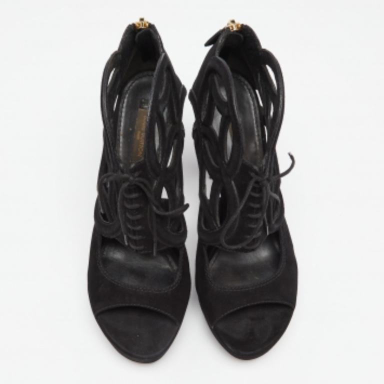 Louis Vuitton Sandalias de plataforma con encaje monograma recortado en ante negro talla 37,5 Negro en venta