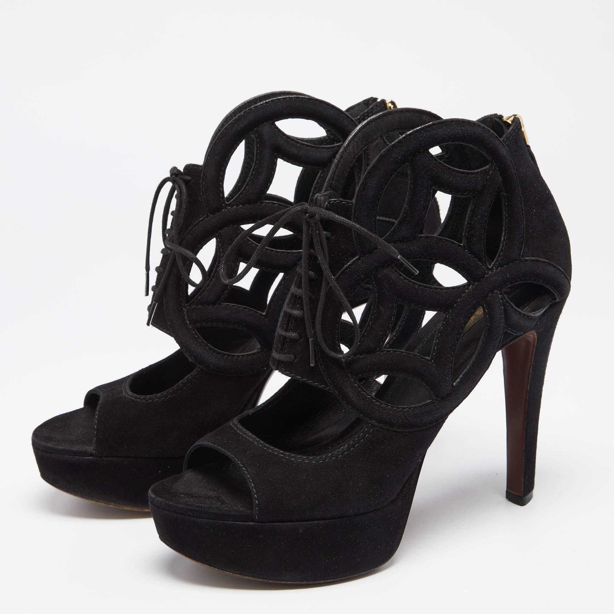 Women's Louis Vuitton Black Suede Cutout Monogram Lace Up Platform Sandals Size 37.5 For Sale