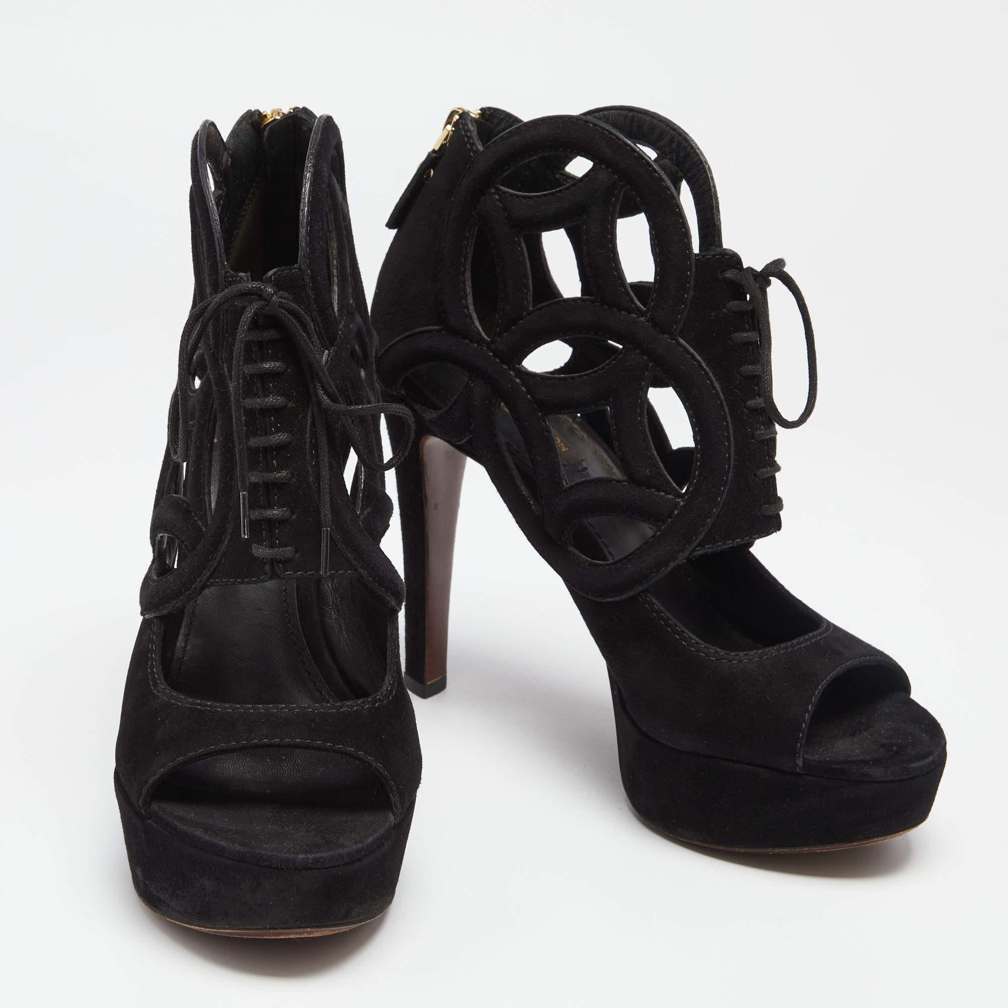 Louis Vuitton Black Suede Cutout Monogram Lace Up Platform Sandals Size 37.5 For Sale 1