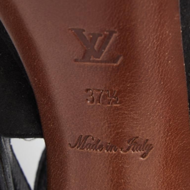 Louis Vuitton Sandalias de plataforma con encaje monograma recortado en ante negro talla 37,5 en venta 1