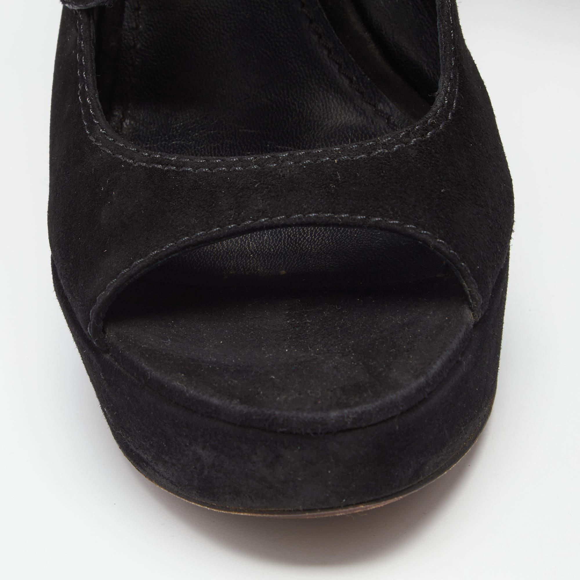 Louis Vuitton Black Suede Cutout Monogram Lace Up Platform Sandals Size 37.5 For Sale 2