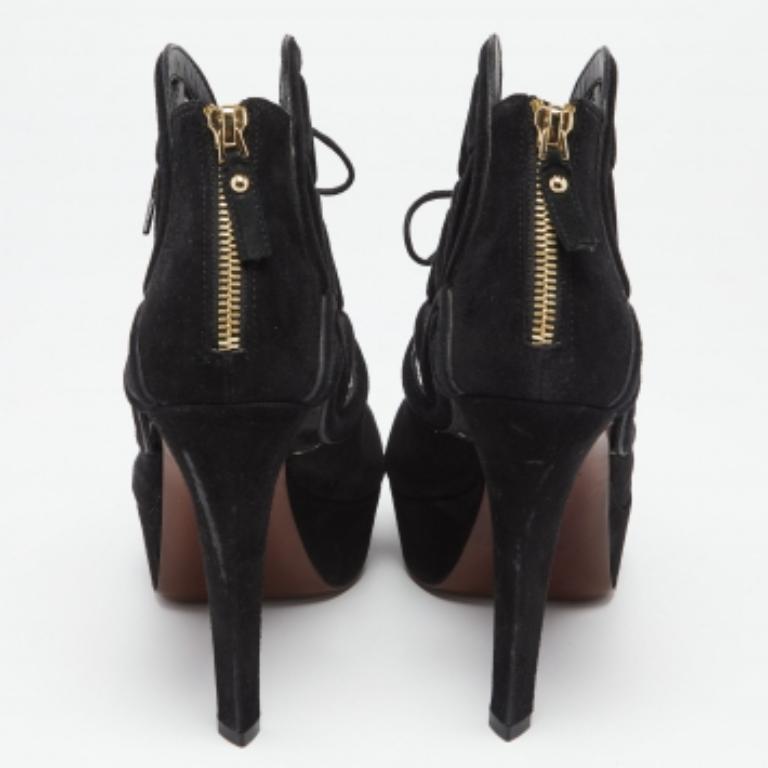 Louis Vuitton Sandalias de plataforma con encaje monograma recortado en ante negro talla 37,5 en venta 2