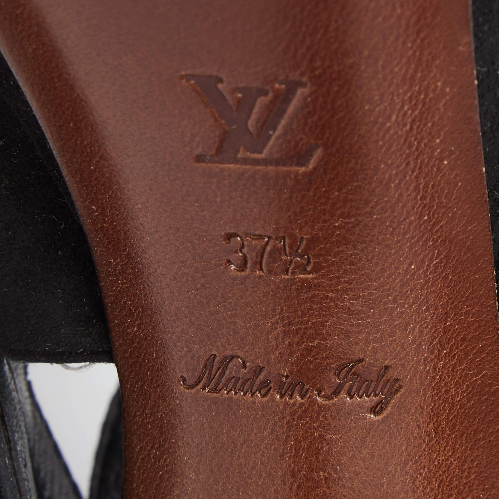 Louis Vuitton Black Suede Cutout Monogram Lace Up Platform Sandals Size 37.5 For Sale 3