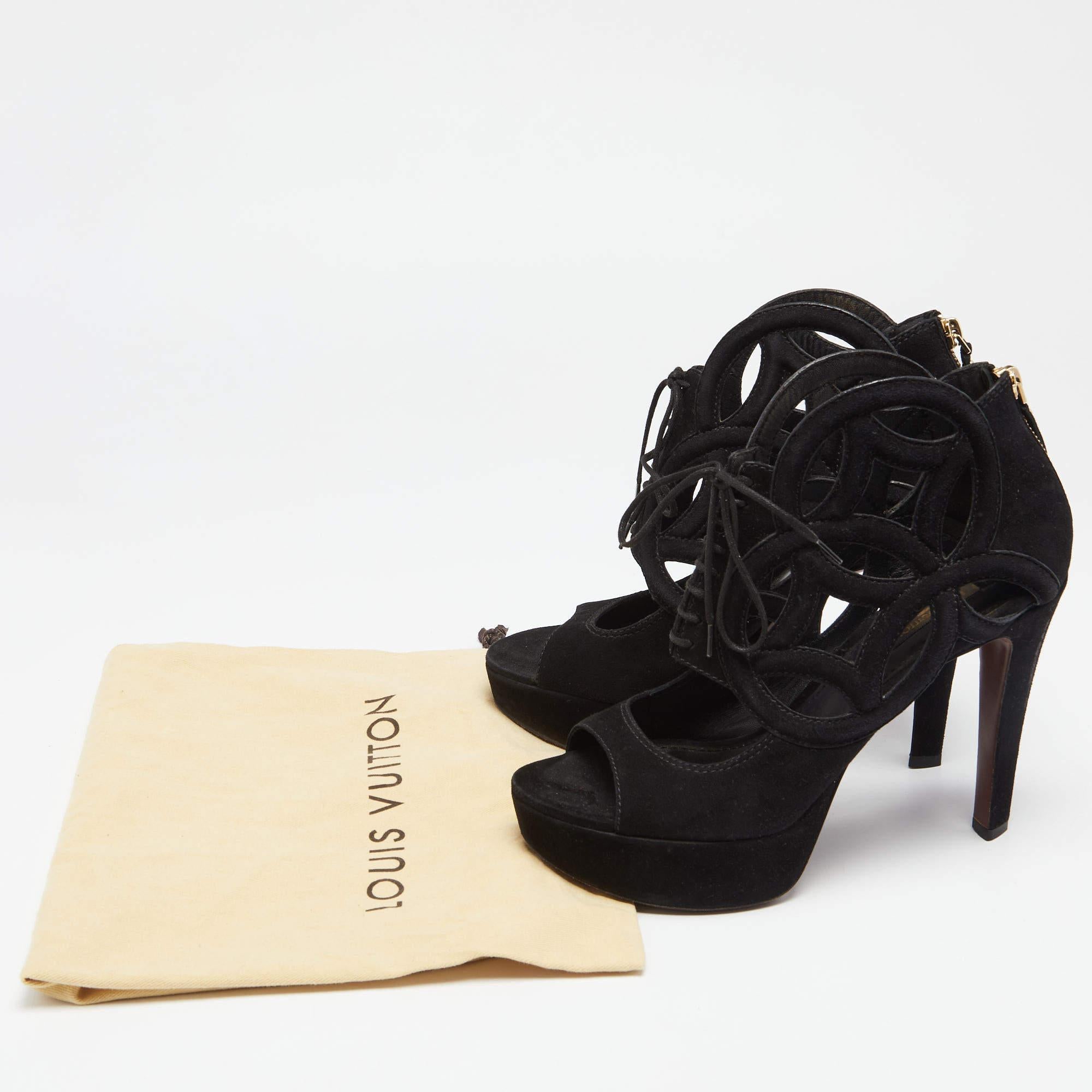 Louis Vuitton Black Suede Cutout Monogram Lace Up Platform Sandals Size 37.5 For Sale 4