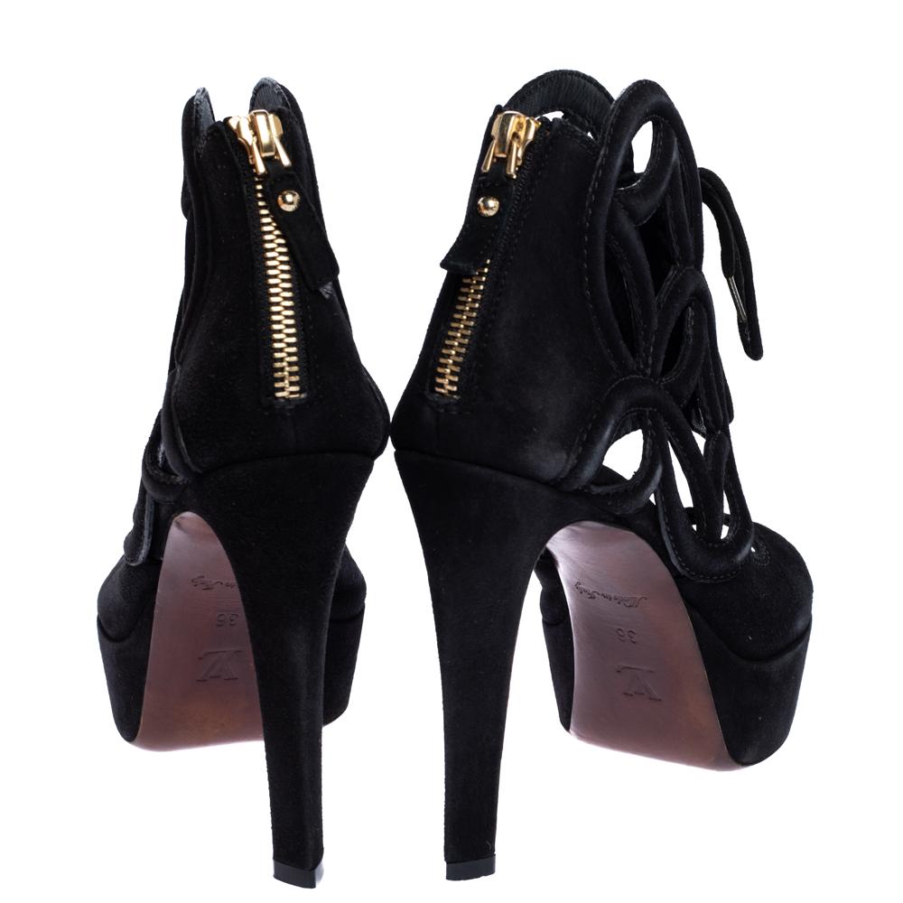 Women's Louis Vuitton Black Suede Cutout Monogram Platform Ankle Boots Size 36 For Sale