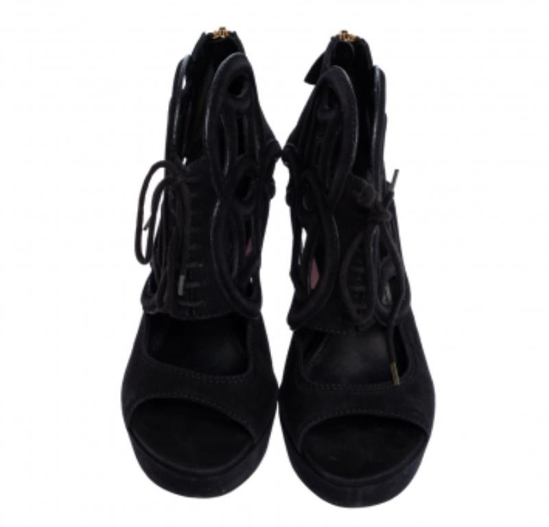 Louis Vuitton Black Suede Cutout Monogram Platform Ankle Boots Size 36 For Sale 1
