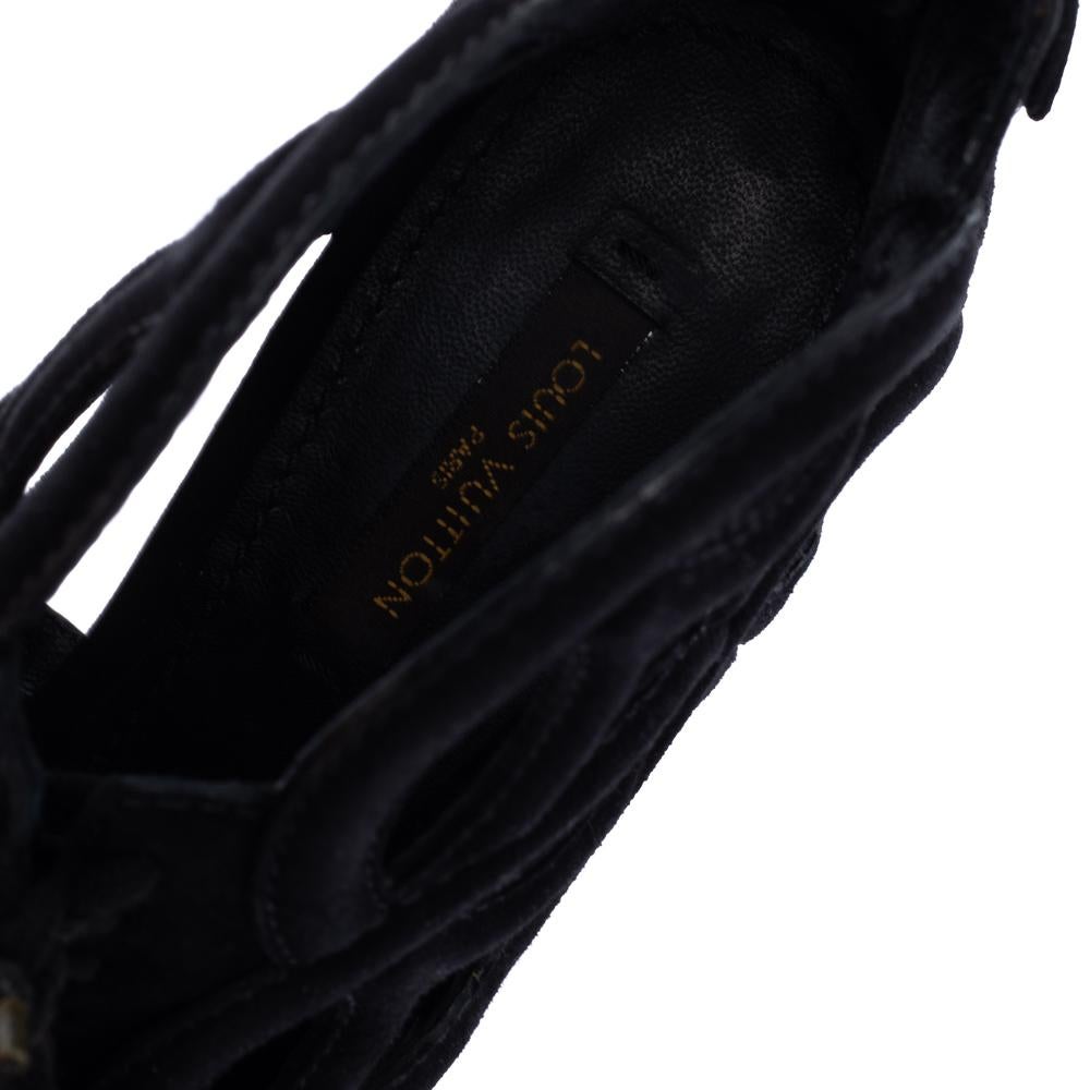 Louis Vuitton Black Suede Cutout Monogram Platform Ankle Boots Size 36 For Sale 2