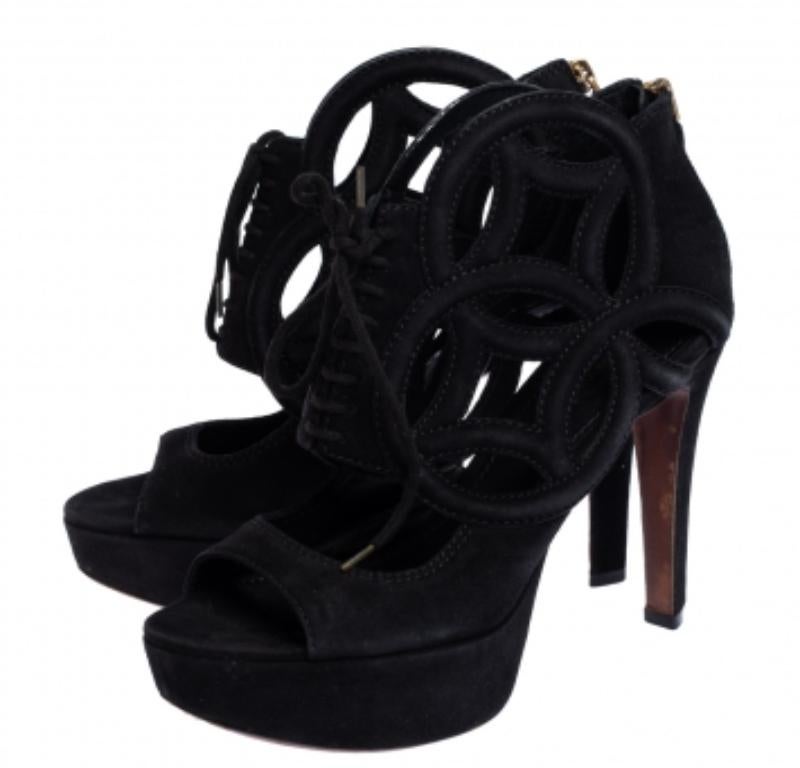 Louis Vuitton Black Suede Cutout Monogram Platform Ankle Boots Size 36 For Sale 3