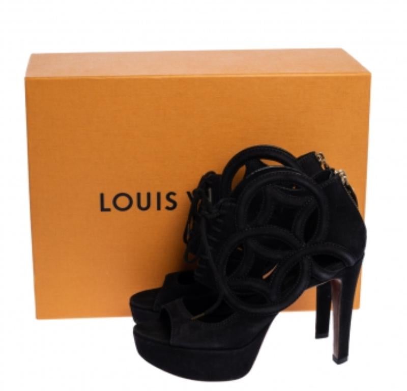 Louis Vuitton Black Suede Cutout Monogram Platform Ankle Boots Size 36 For Sale 4