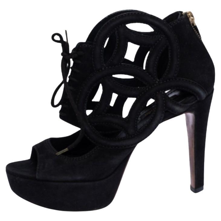 Louis Vuitton Black Suede Cutout Monogram Platform Ankle Boots Size 36 For Sale