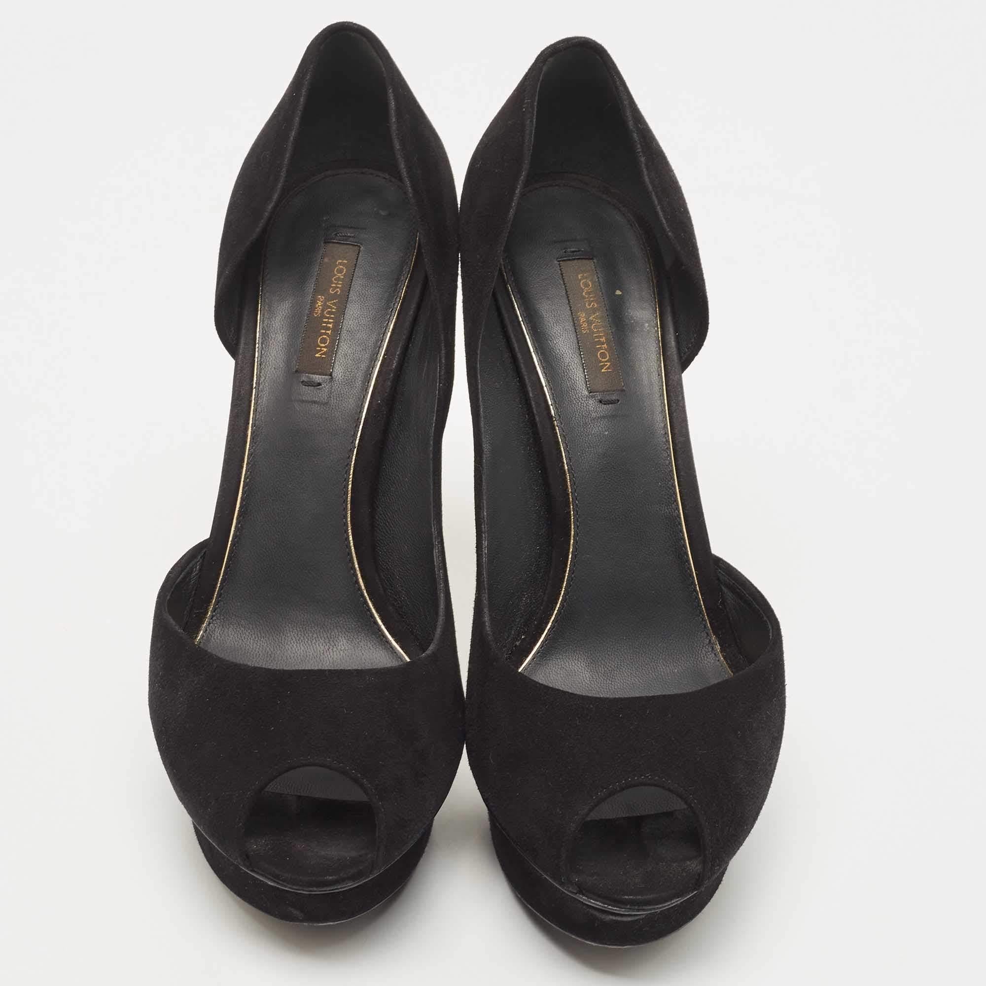 Louis Vuitton Black Suede D'orsay Peep Toe Pumps Size 39 In Good Condition In Dubai, Al Qouz 2