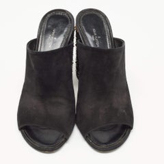 Louis Vuitton Black Suede Embellished Block Heel Open Toe Mules Size 41