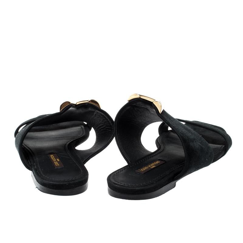 Louis Vuitton Black Suede Flat Sandals Size 36 In Good Condition In Dubai, Al Qouz 2