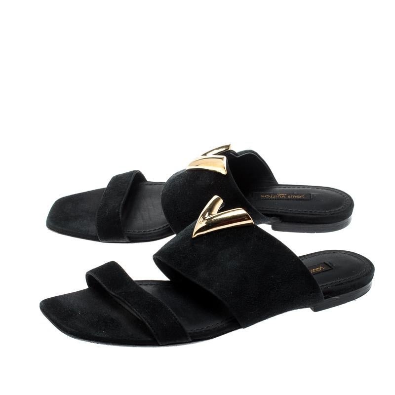 Louis Vuitton Black Suede Flat Sandals Size 36 1