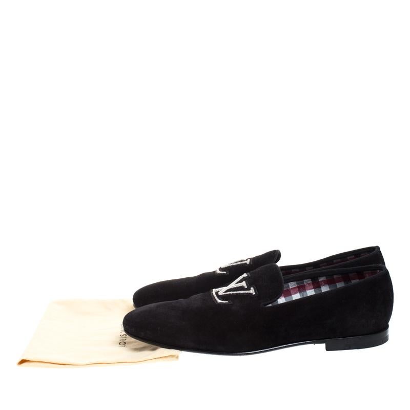 Louis Vuitton Black Suede LV Logo Embroidered Smoking Slippers Size 43 2