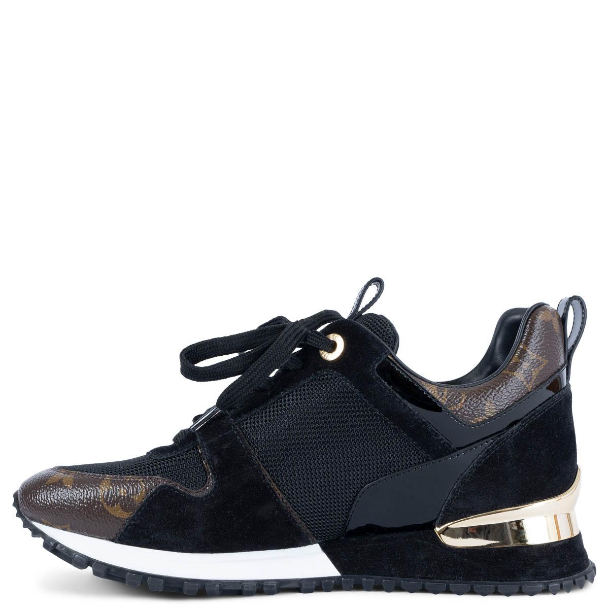 100% authentic Louis Vuitton Run Away sneakers in black suede and technical fabric with Ebene brown Monogram canvas and black patent leather details. Features a circular LV logo on the side, technical rubber sole and gold-tone metal stabilizer. Have